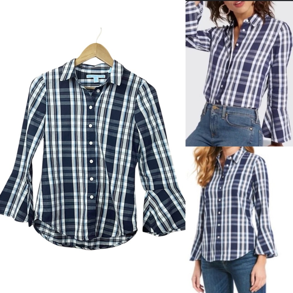 Draper James Women’s Shirt 0 Navy White Plaid Button-Down Bell Sleeve Preppy